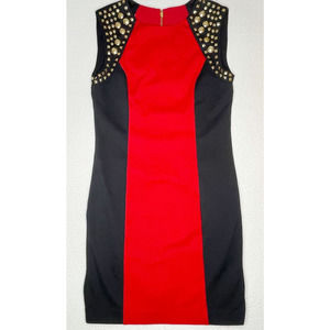 Michael Kors Dress 4 Womens Holiday Red Black Gold Studded Sleeveless Pencil